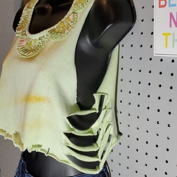 Glammed Up Grunge Trashed, Ripped Mint Green Embellished Knit Blouse, Top, Sz M? - Picture 2 of 5